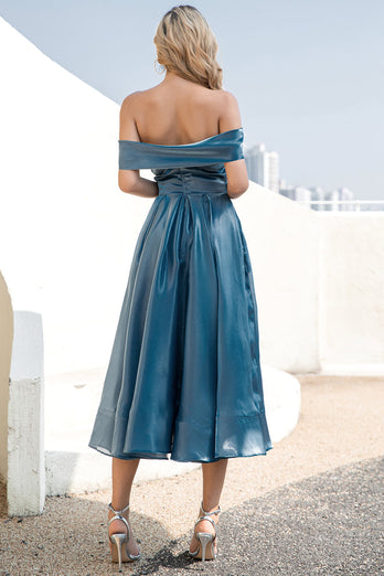 Princess A Line Off the Shoulder Grey Blue Prom Party Dress