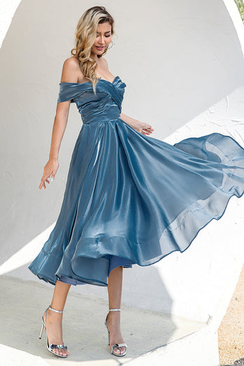 Princess A Line Off the Shoulder Grey Blue Prom Party Dress