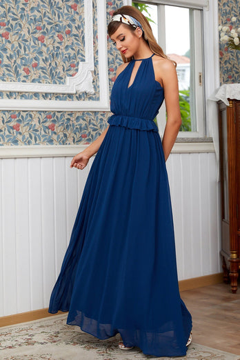 Navy Blue Chiffon Boho Bridesmaid Dress