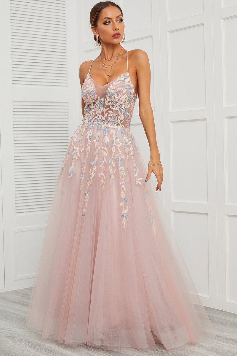 Load image into Gallery viewer, Spaghetti Straps Pink Tulle Prom Dress