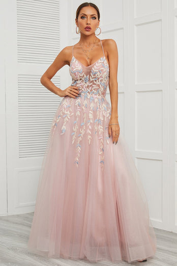 Spaghetti Straps Pink Tulle Prom Dress