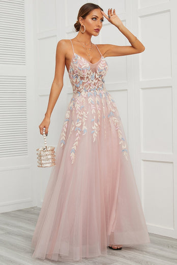 Spaghetti Straps Pink Tulle Prom Dress