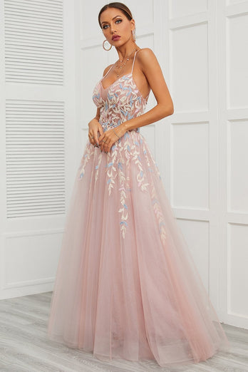 Spaghetti Straps Pink Tulle Prom Dress