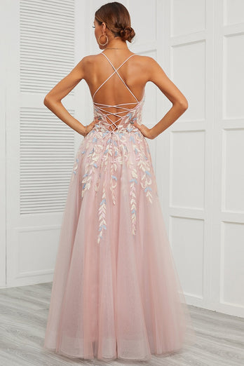 Spaghetti Straps Pink Tulle Prom Dress