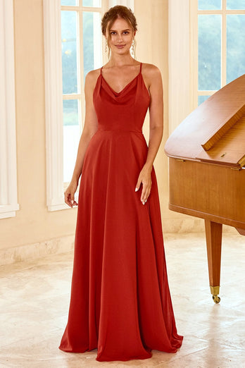 Rust Red Spaghetti Straps Long Bridesmaid Dress