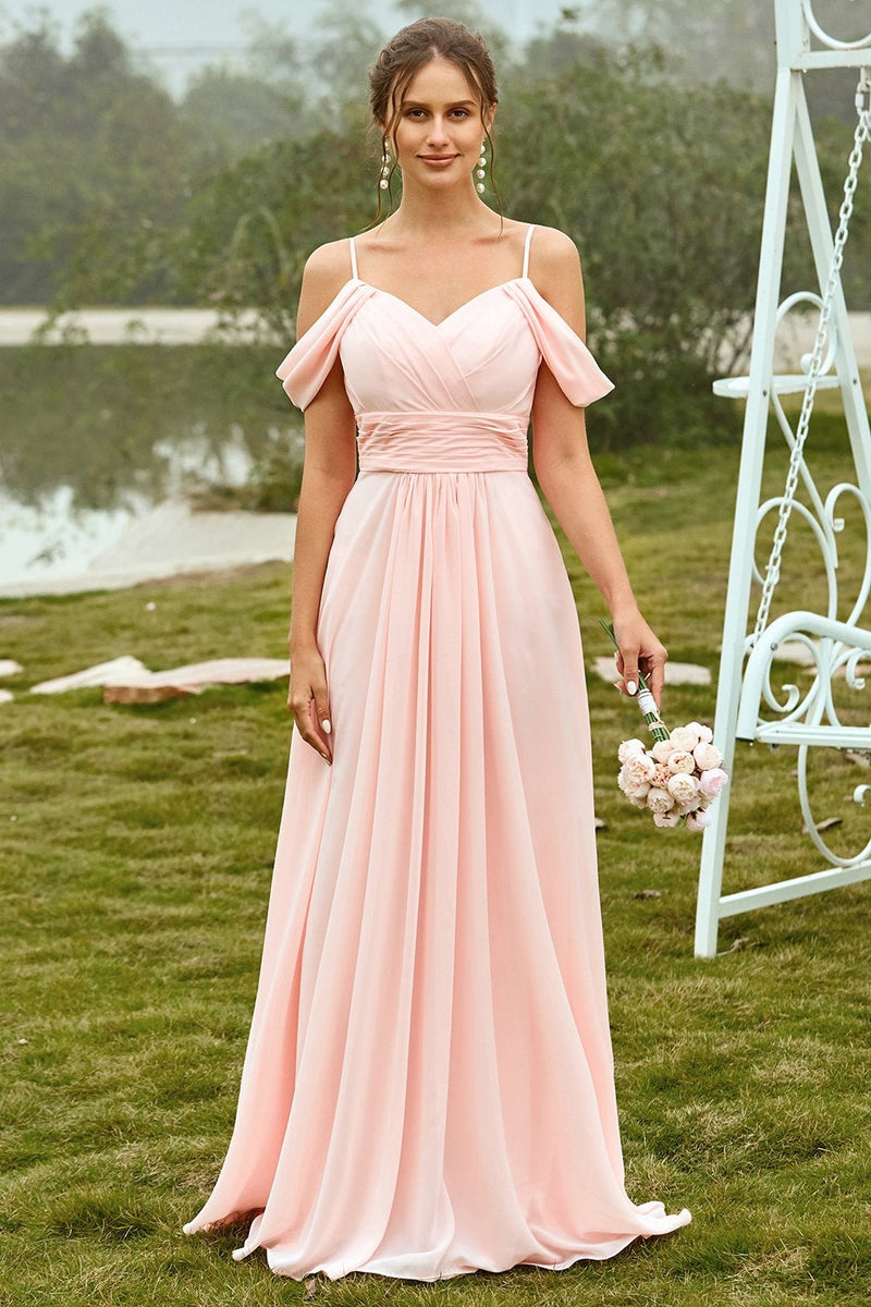 Load image into Gallery viewer, Off Shoulder Blush Bridesmaid Dress