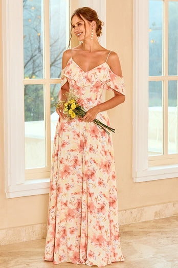 Blush bridesmaid dress printed with ruffles