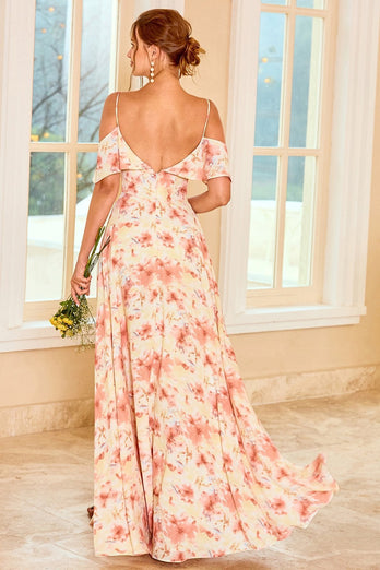 Blush bridesmaid dress printed with ruffles