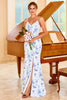 Load image into Gallery viewer, Sheath Spaghetti Straps Blue Floral Print Long Bridesmaid Dress with Split Front