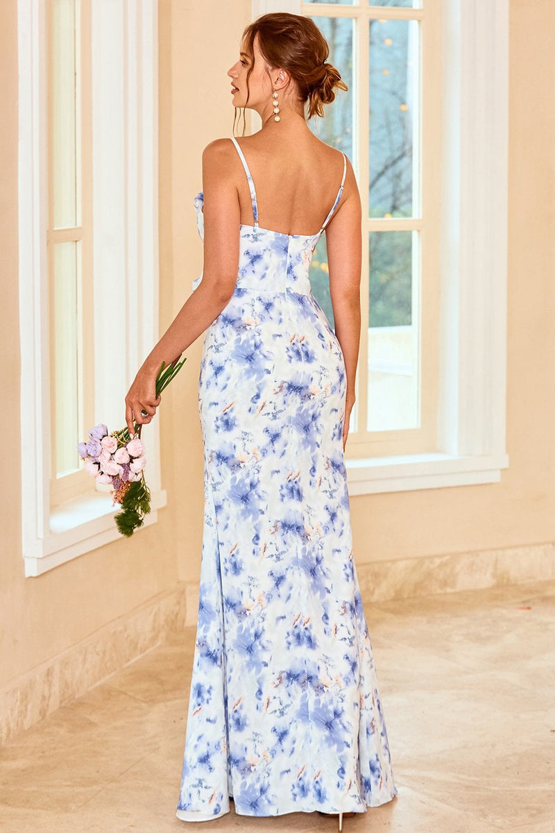 Load image into Gallery viewer, Sheath Spaghetti Straps Blue Floral Print Long Bridesmaid Dress with Split Front