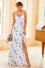 Load image into Gallery viewer, Spaghetti Straps Blue Floral Print Bridesmaid Dress