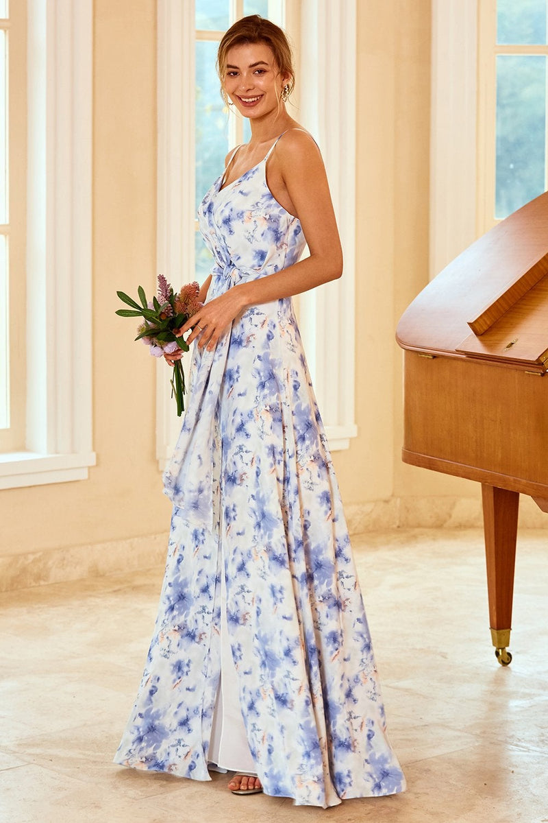 Load image into Gallery viewer, Spaghetti Straps Blue Floral Print Bridesmaid Dress