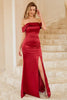 Load image into Gallery viewer, Sheath Off the Shoulder Burgundy Long Bridesmaid Dress with Split Front