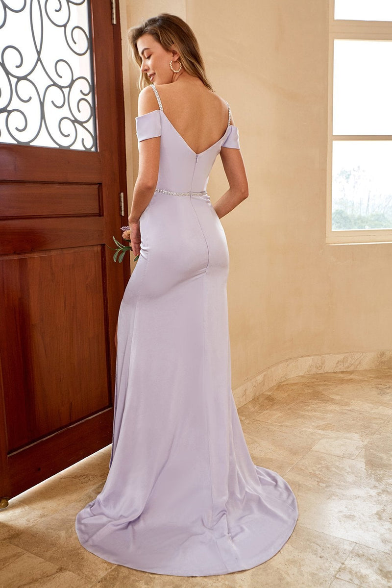 Load image into Gallery viewer, Sheath Off the Shoulder Lilac Long Bridesmaid Dress with Split Front