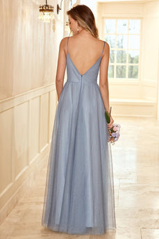 A Line Spaghetti Straps Grey Blue Long Bridesmaid Dress