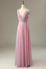 Load image into Gallery viewer, A Line Spaghetti Straps Grey Pink Bridesmaid Dress