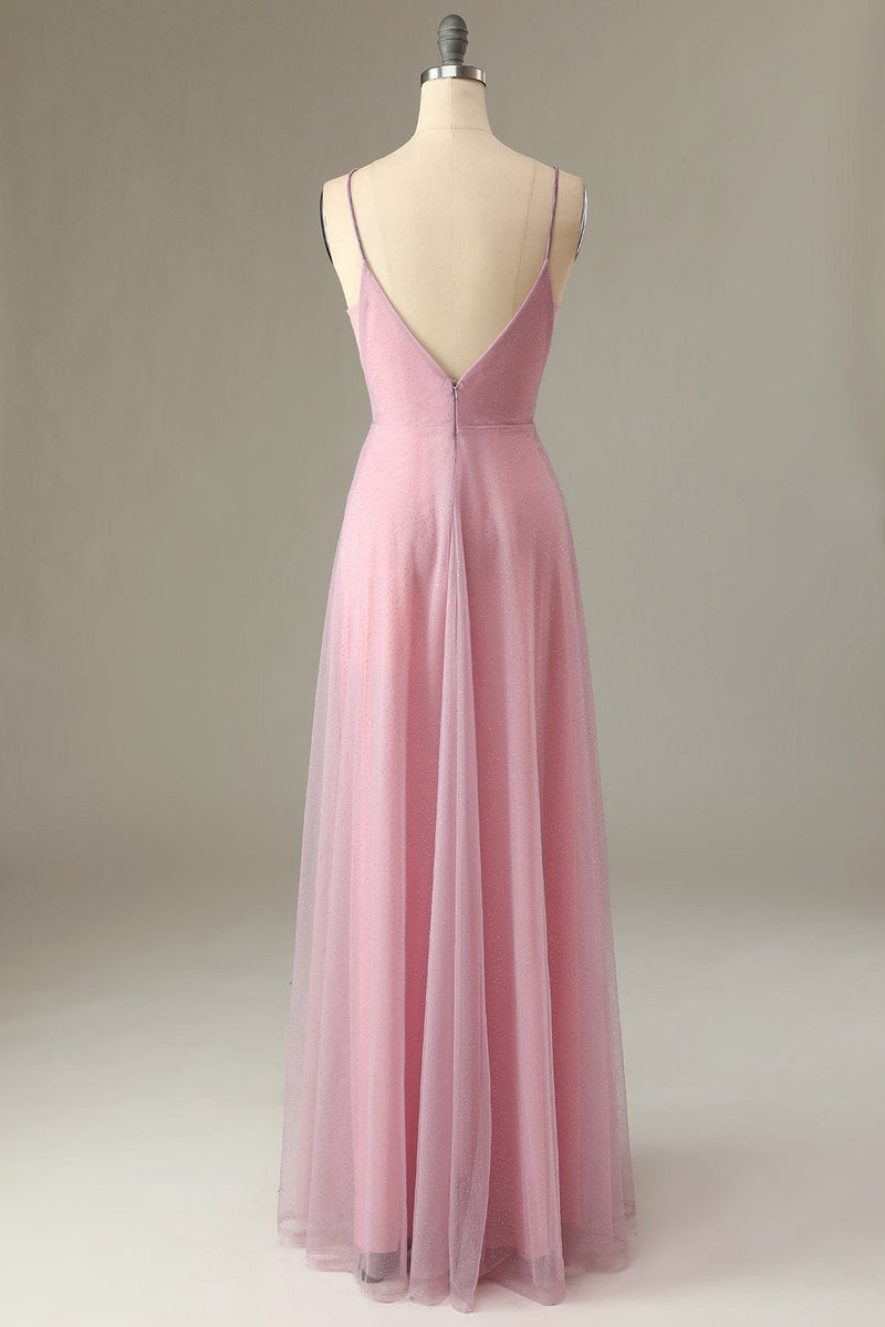 Load image into Gallery viewer, A Line Spaghetti Straps Grey Pink Bridesmaid Dress