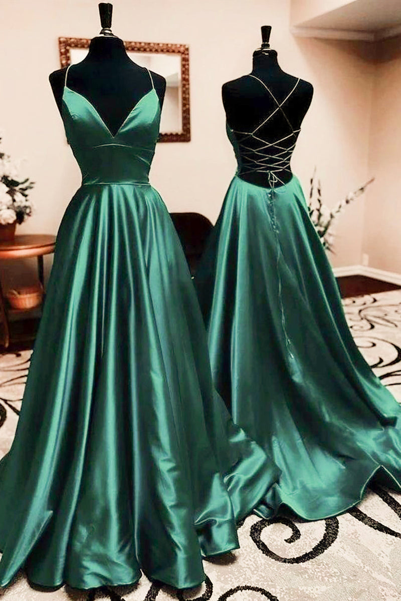 Load image into Gallery viewer, Green Satin A-line Prom Dress with Slit