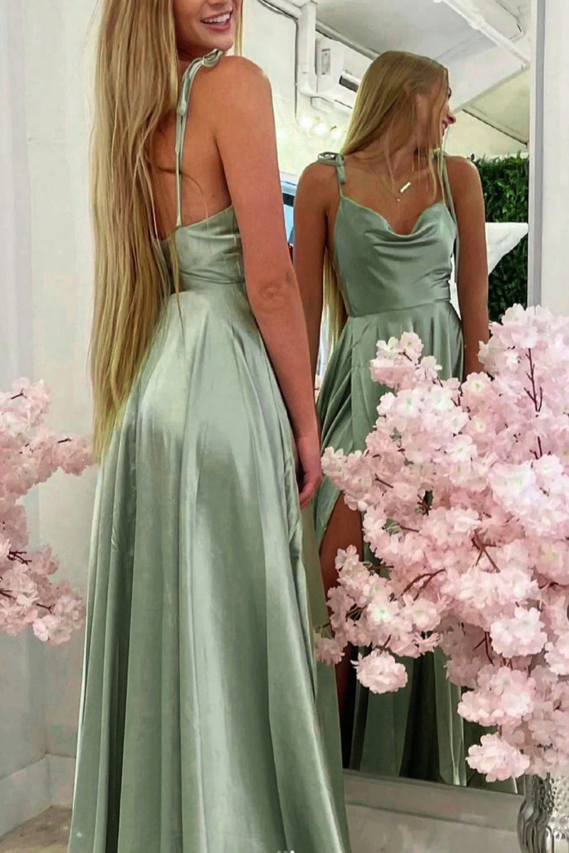 Load image into Gallery viewer, Sage Green Satin Long Prom Dress with Slit