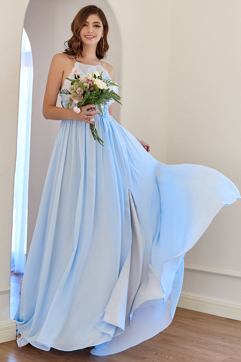 Load image into Gallery viewer, Light Blue Chiffon Long Prom Dress with Lace