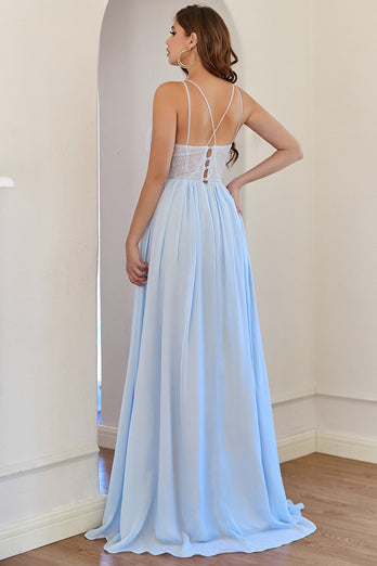 Light Blue Chiffon Long Prom Dress with Lace