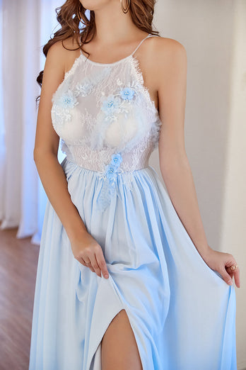 Light Blue Chiffon Long Prom Dress with Lace