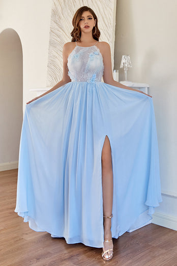 Light Blue Chiffon Long Prom Dress with Lace