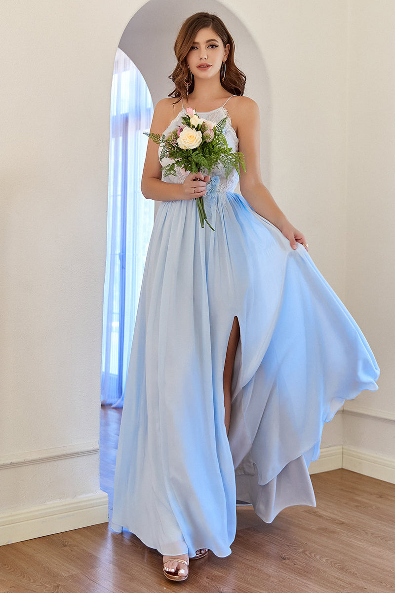 Load image into Gallery viewer, Light Blue Chiffon Long Prom Dress with Lace