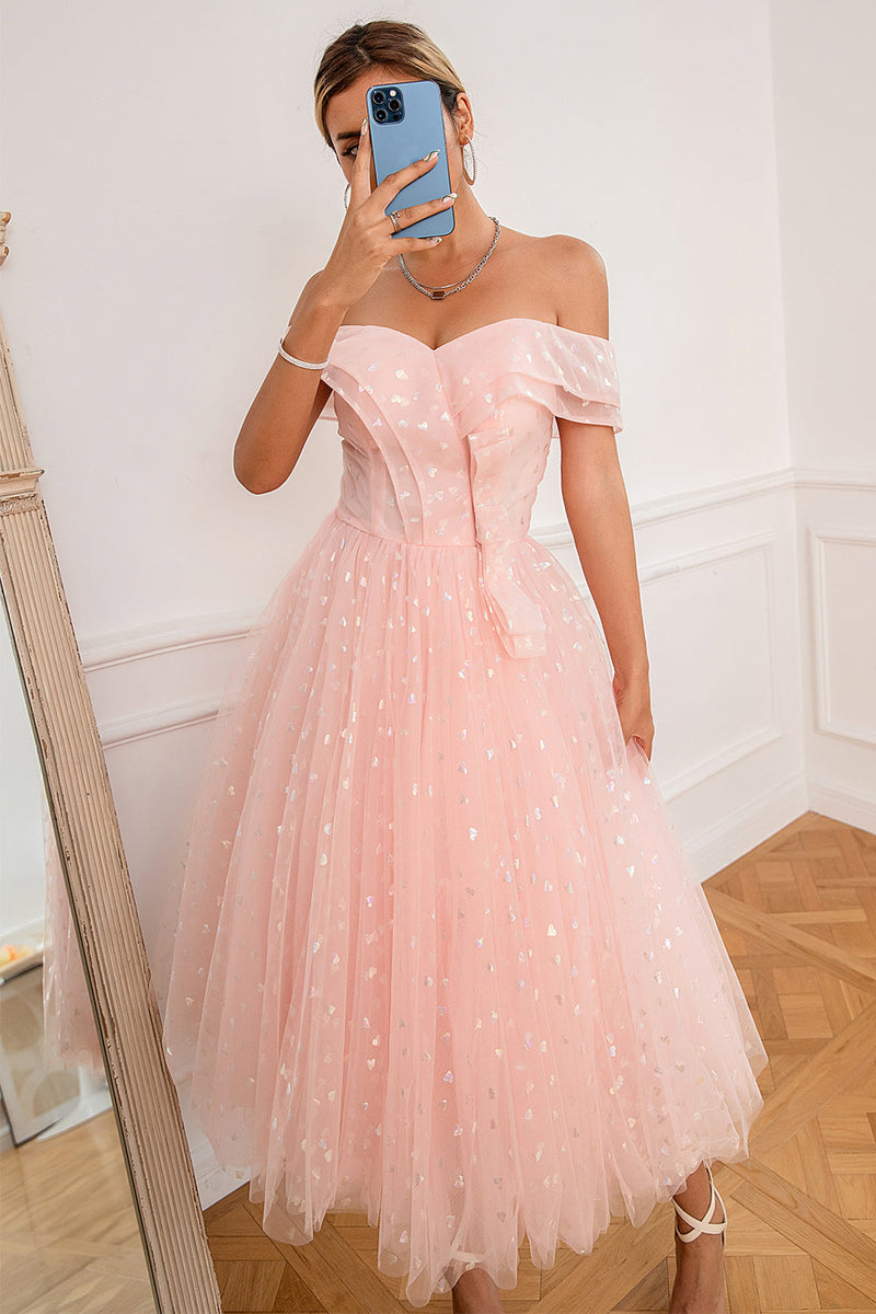 Load image into Gallery viewer, Pink Off Shoulder Hearts Prom Dress