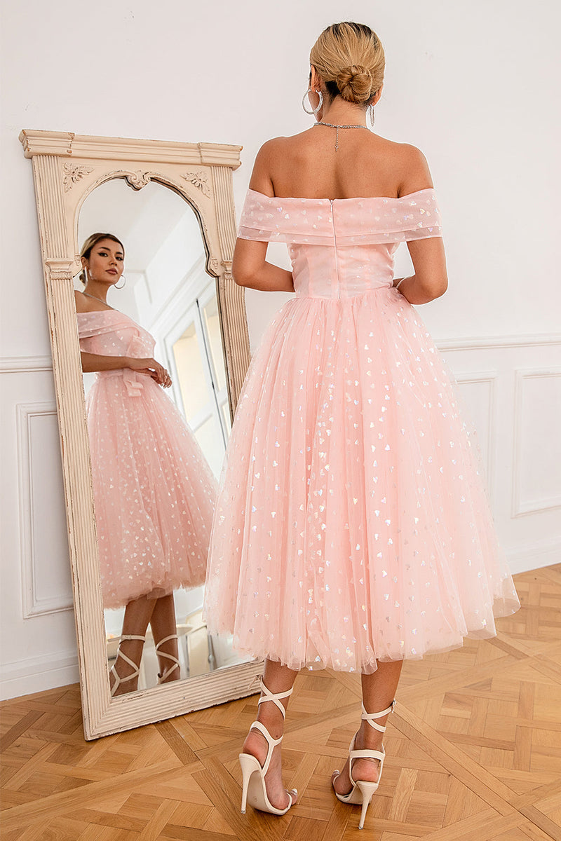 Load image into Gallery viewer, Pink Off Shoulder Hearts Prom Dress