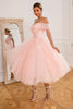 Load image into Gallery viewer, Pink Off Shoulder Hearts Prom Dress