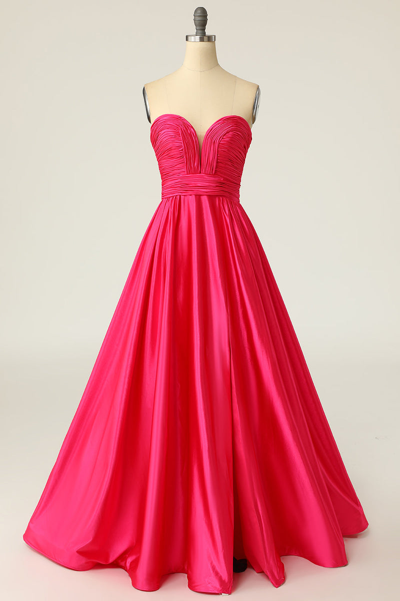 Load image into Gallery viewer, A Line Sweetheart Hot Pink Long Prom Dress with Ruched