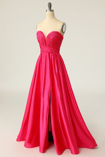 A Line Sweetheart Hot Pink Long Prom Dress with Ruched