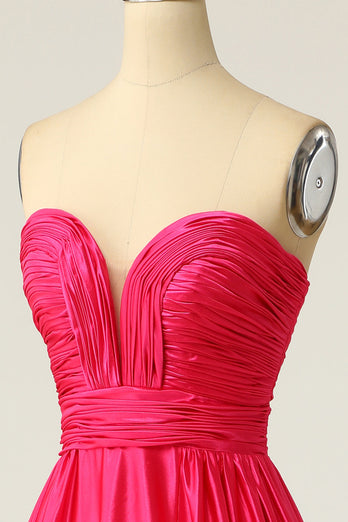 A Line Sweetheart Hot Pink Long Prom Dress with Ruched