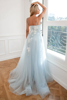 Light Blue Appliques Tulle Prom Dress