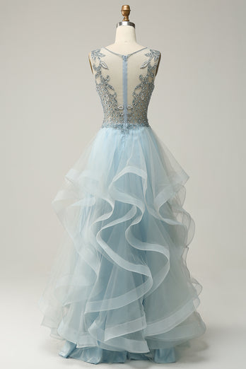 A Line Light Blue Princess Prom Dress with Beading