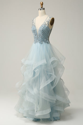 A Line Light Blue Princess Prom Dress with Beading