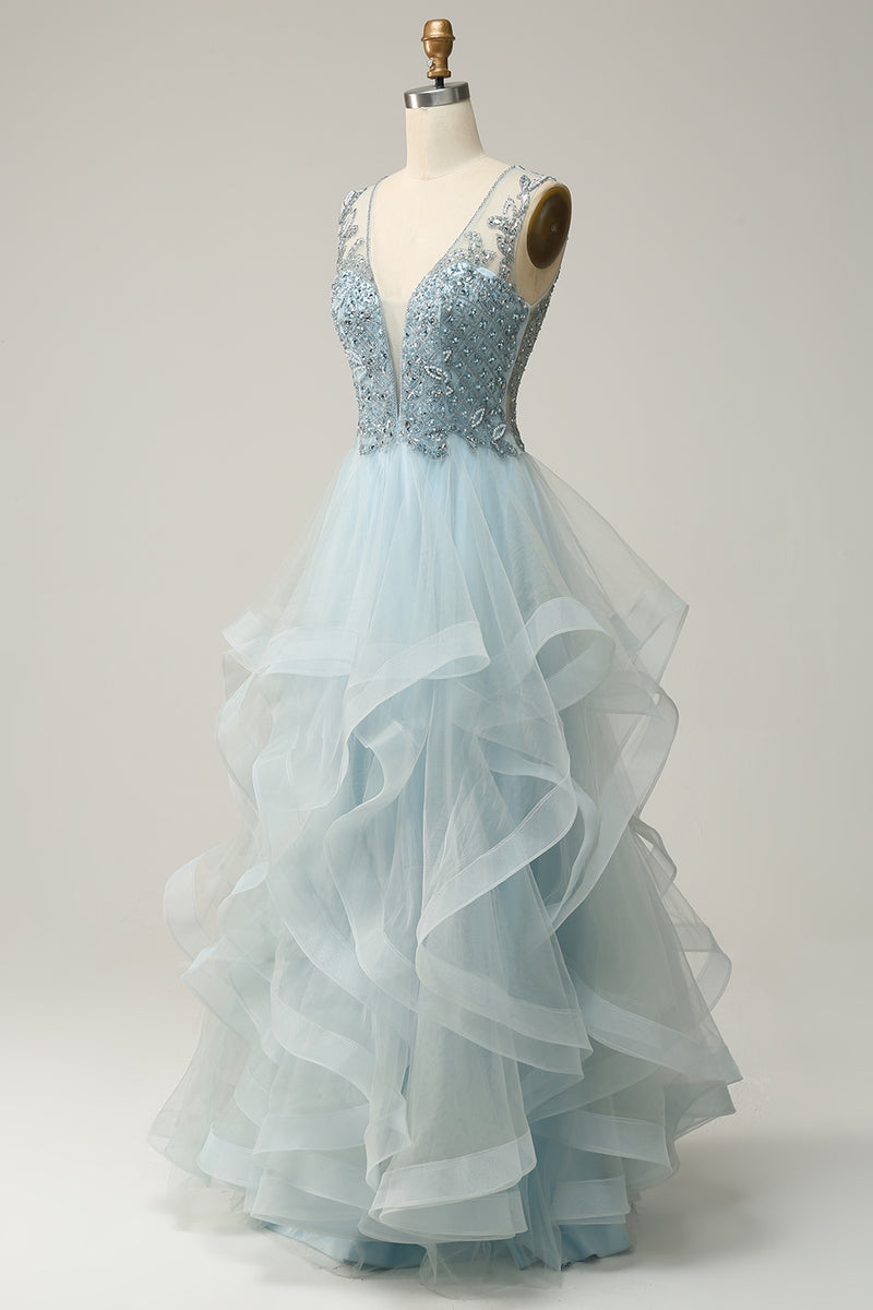 Load image into Gallery viewer, A Line Light Blue Princess Prom Dress with Beading