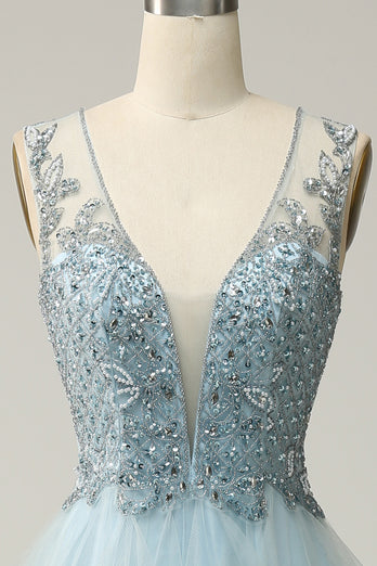 A Line Light Blue Princess Prom Dress with Beading