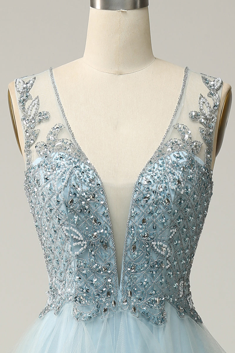 Load image into Gallery viewer, A Line Light Blue Princess Prom Dress with Beading