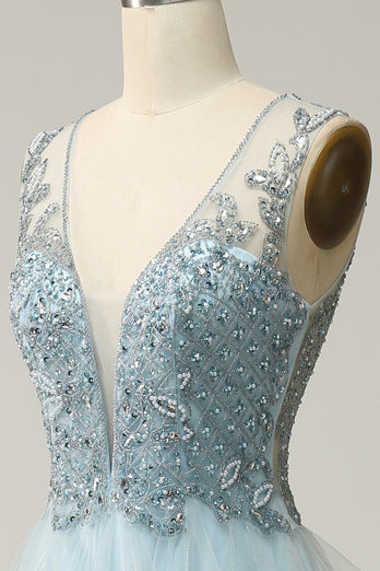 A Line Light Blue Princess Prom Dress with Beading