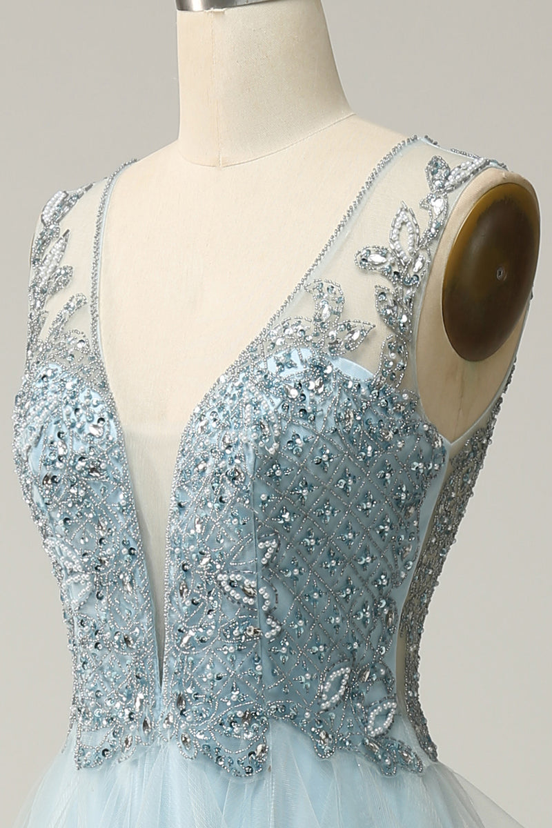 Load image into Gallery viewer, A Line Light Blue Princess Prom Dress with Beading