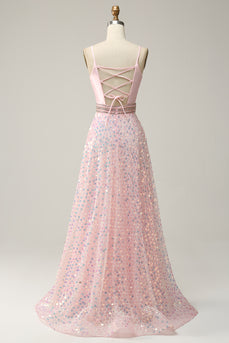 A Line Pink Spaghetti Straps Princess Prom Dress with Beading