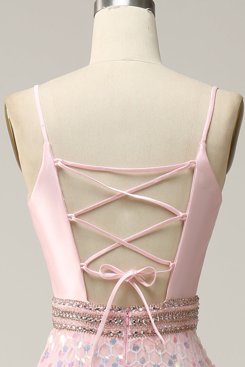 Load image into Gallery viewer, A Line Pink Spaghetti Straps Princess Prom Dress with Beading