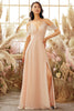 Load image into Gallery viewer, Pink Off Shoulder A line Bridesmaid Dress