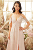 Load image into Gallery viewer, Pink Off Shoulder A line Bridesmaid Dress