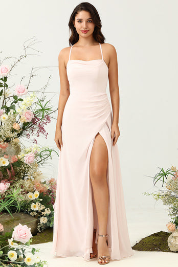 Pink Mermaid Chiffon Long Bridesmaid Dress with Slit