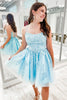 Load image into Gallery viewer, Blue Spaghetti Straps Short Prom Dress with Appliques