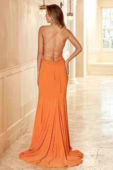 Sheath Halter Orange Long Party Dress with Split Front