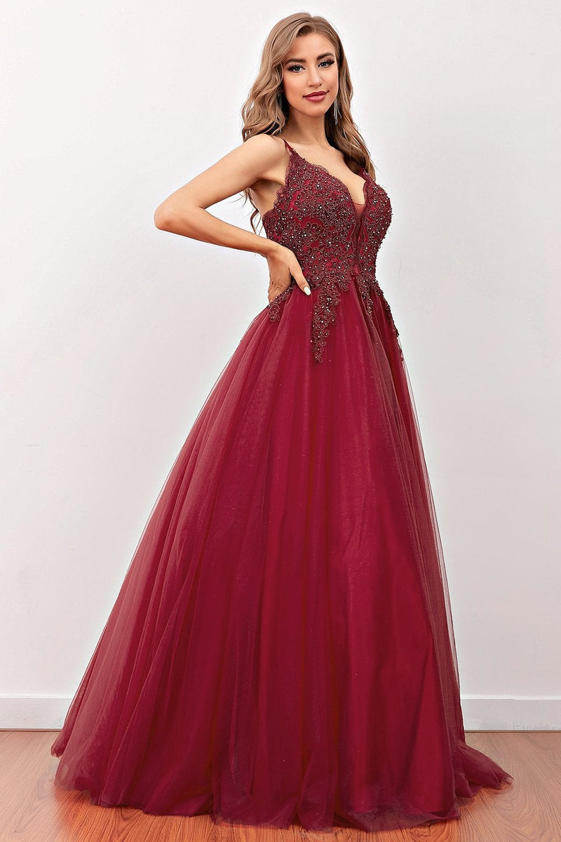 Load image into Gallery viewer, Burgundy Beaded Long Prom Dress